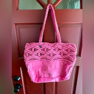 NWT bright pink canvas and macrame heavy duty tote bag